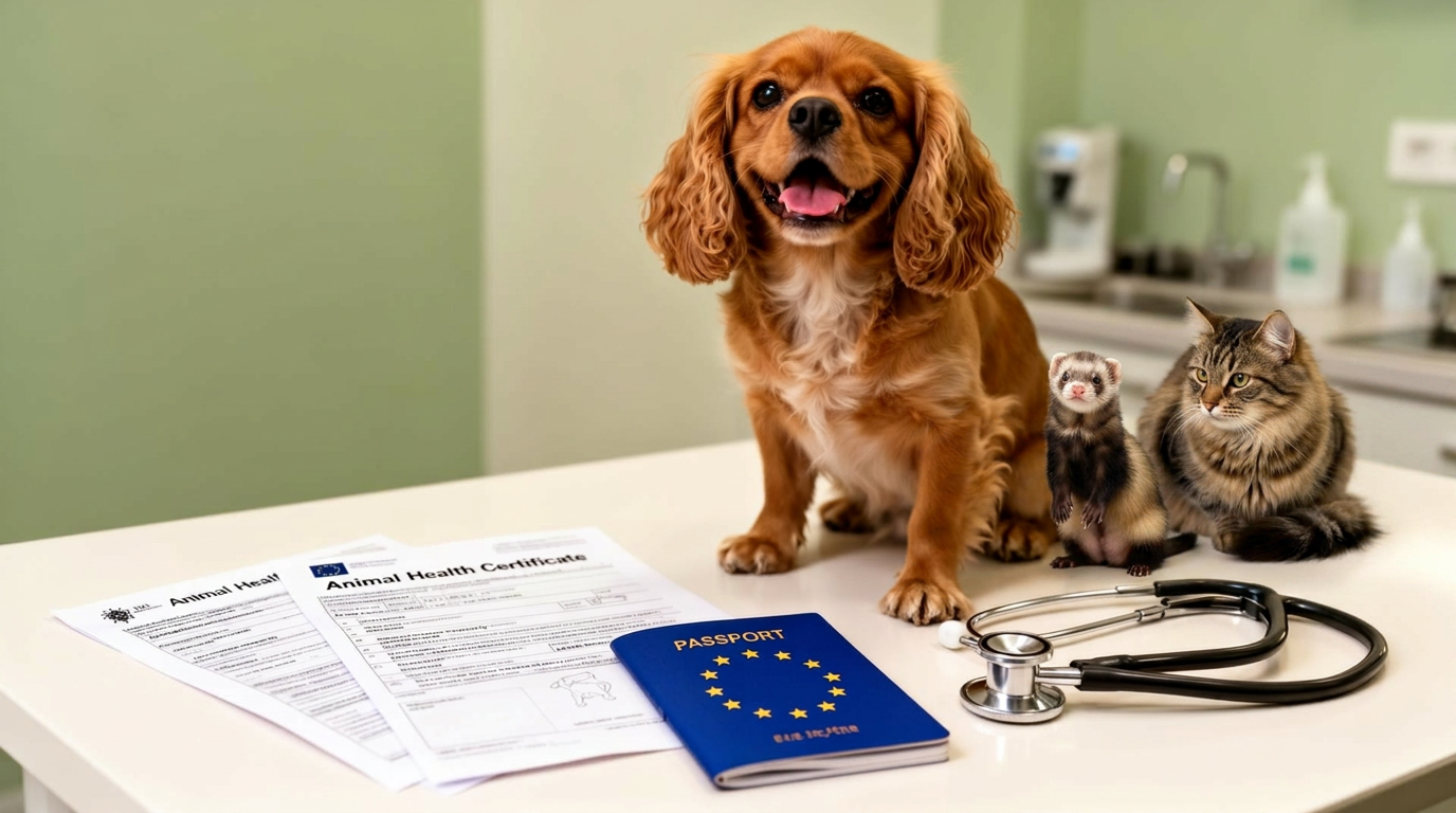 Happy dog with EU pet travel documents and Animal Health Certificate at a Central London clinic